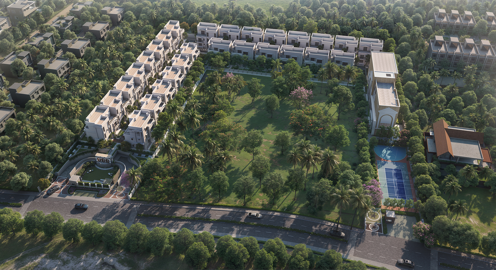 Aerial view of a luxury gated villa community with landscaped gardens, tennis court, and clubhouse surrounded by greenery in Whitefield, Bangalore.